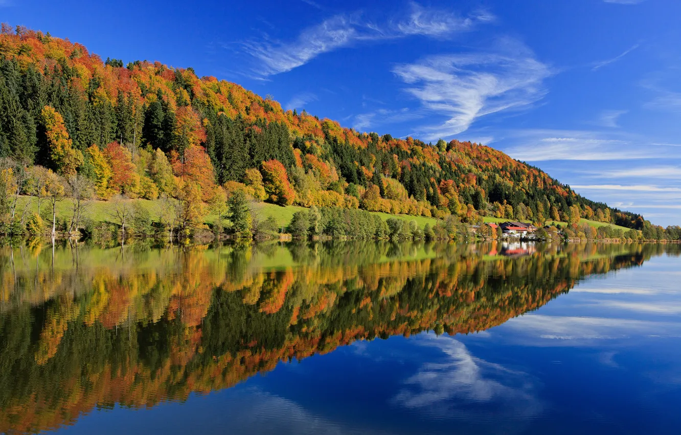 Photo wallpaper autumn, forest, the sky, leaves, clouds, trees, lake, reflection