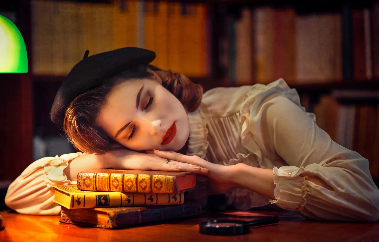 Photo wallpaper face, mood, books, sleep, the situation, makeup, library, takes