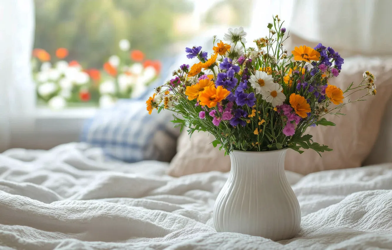 Photo wallpaper flowers, orange, bed, chamomile, bouquet, pillow, window, bed