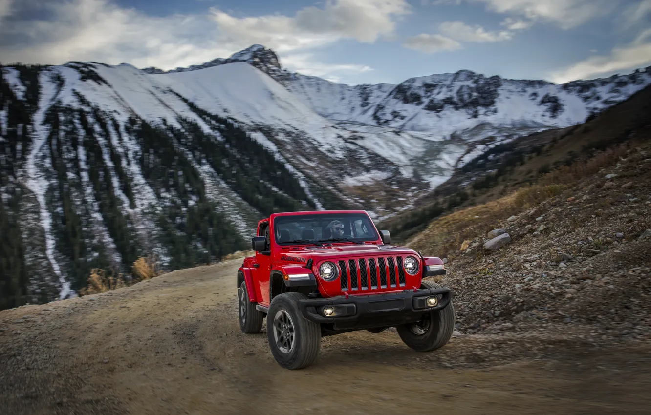 Photo wallpaper snow, red, tops, mountain road, 2018, Jeep, Wrangler Rubicon