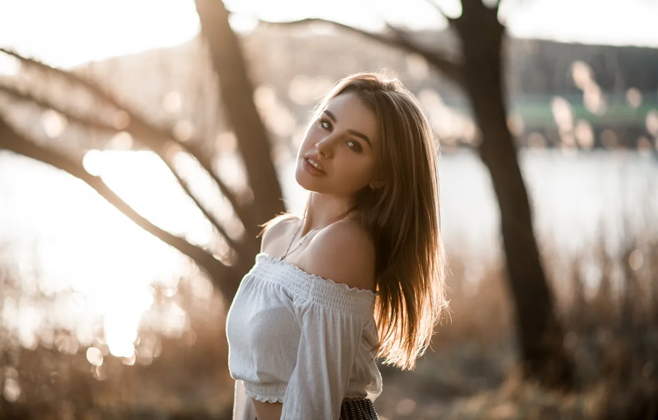 Photo wallpaper look, the sun, trees, landscape, nature, pose, river, model