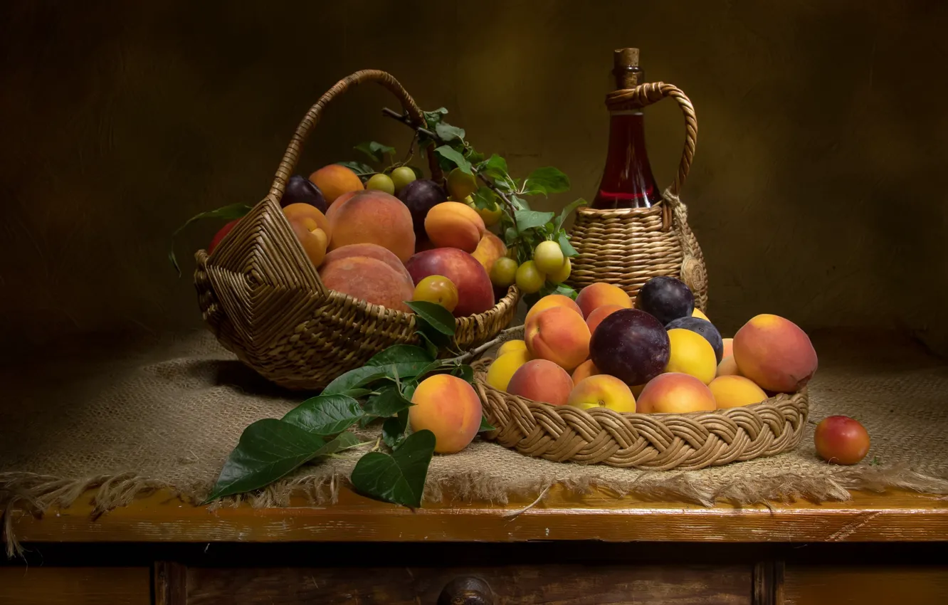 Photo wallpaper leaves, table, wine, bottle, fruit, still life, basket, peaches