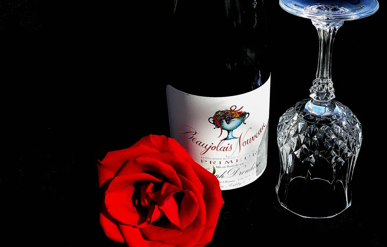 Photo wallpaper flower, wine, glass, rose, bottle, still life, Beaujolais