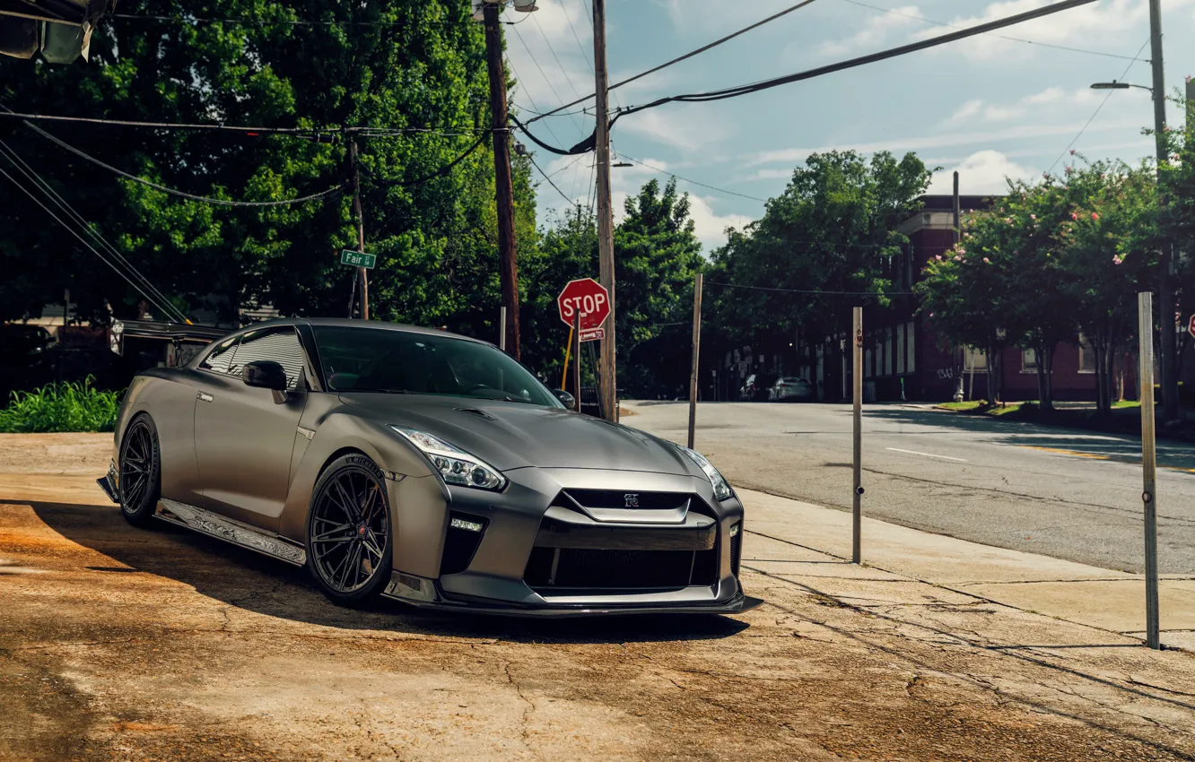 Photo wallpaper Nissan, road, trees, Front, grey, Side, R35, Nissan GTR