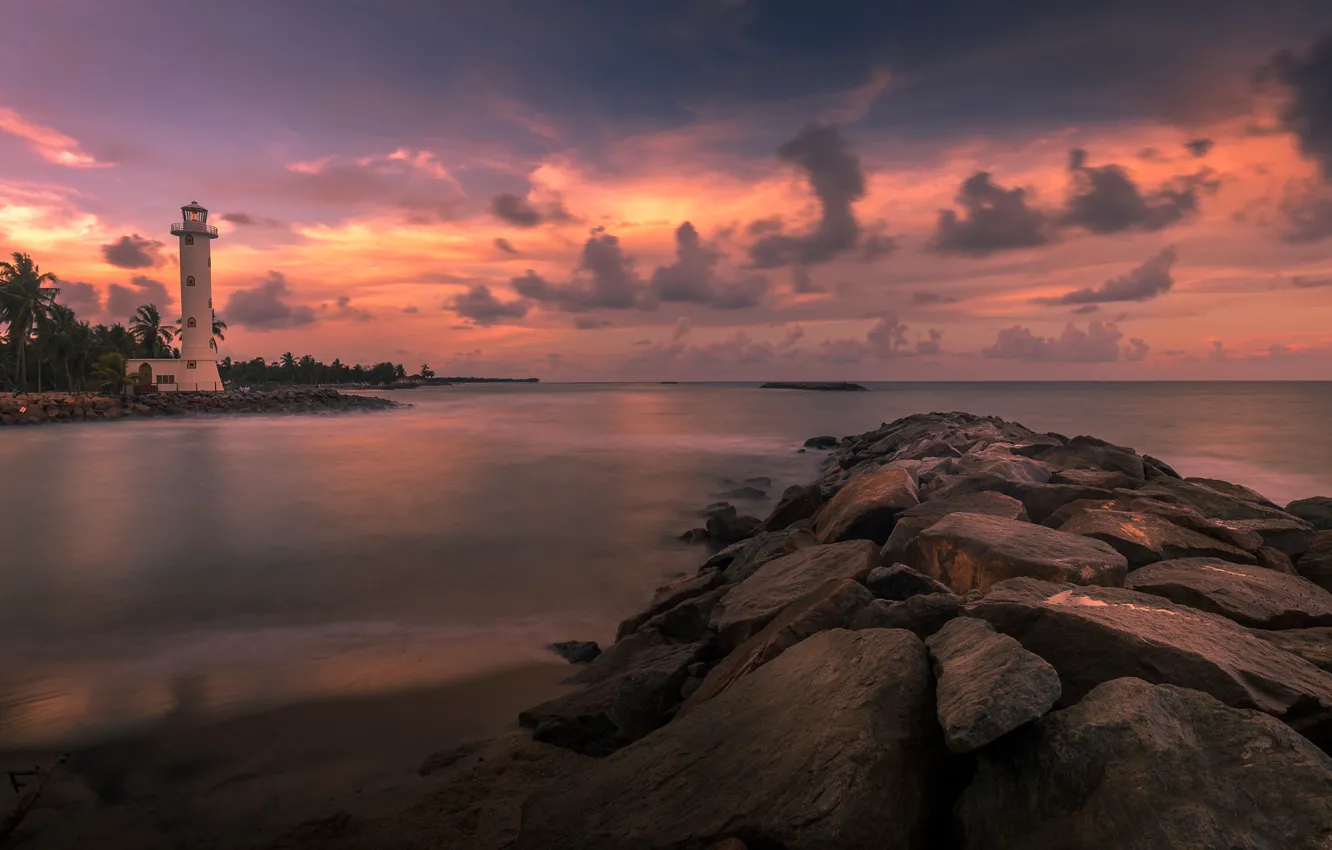 Photo wallpaper sea, clouds, lighthouse, island, glow, Sri Lanka