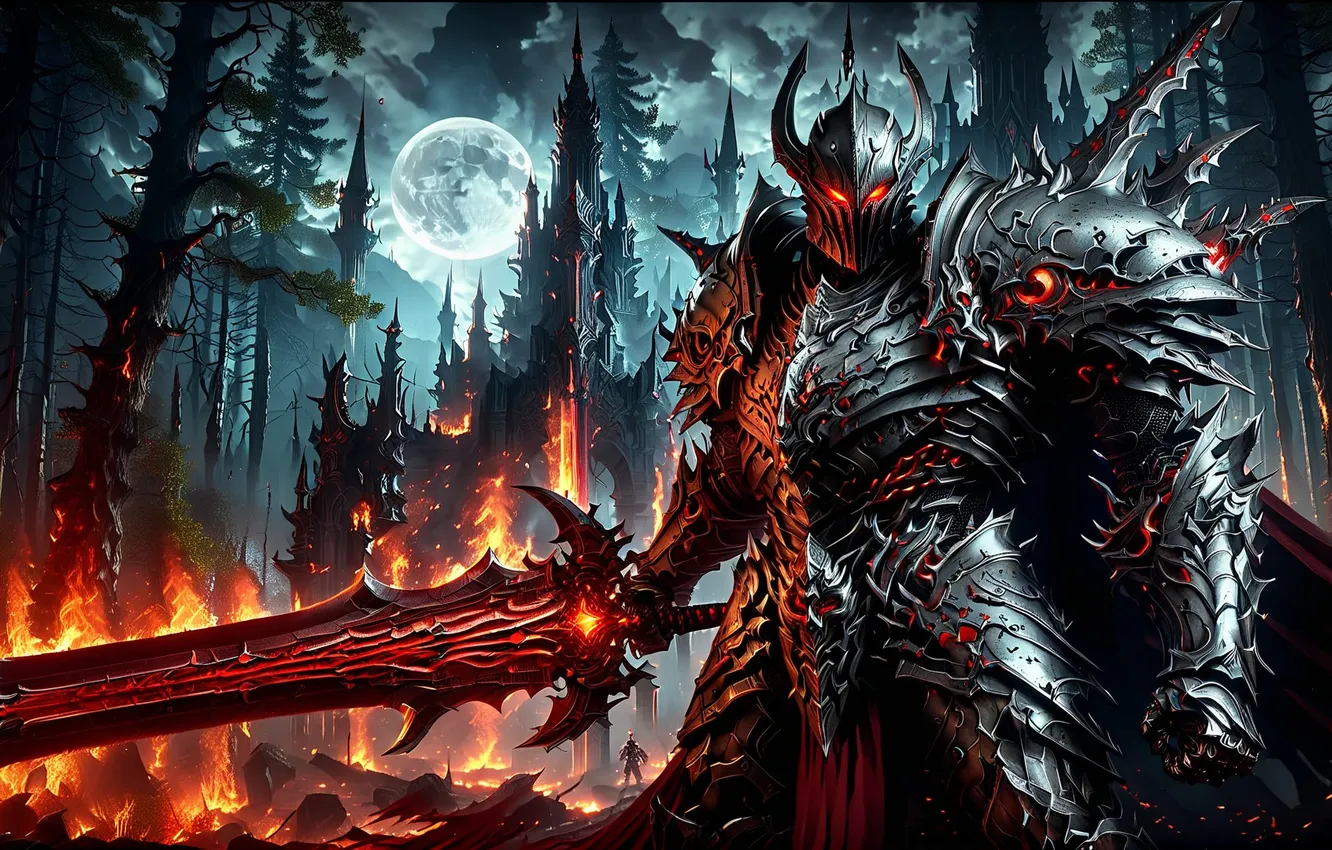 Photo wallpaper lights, castle, the moon, sword, armor, knight