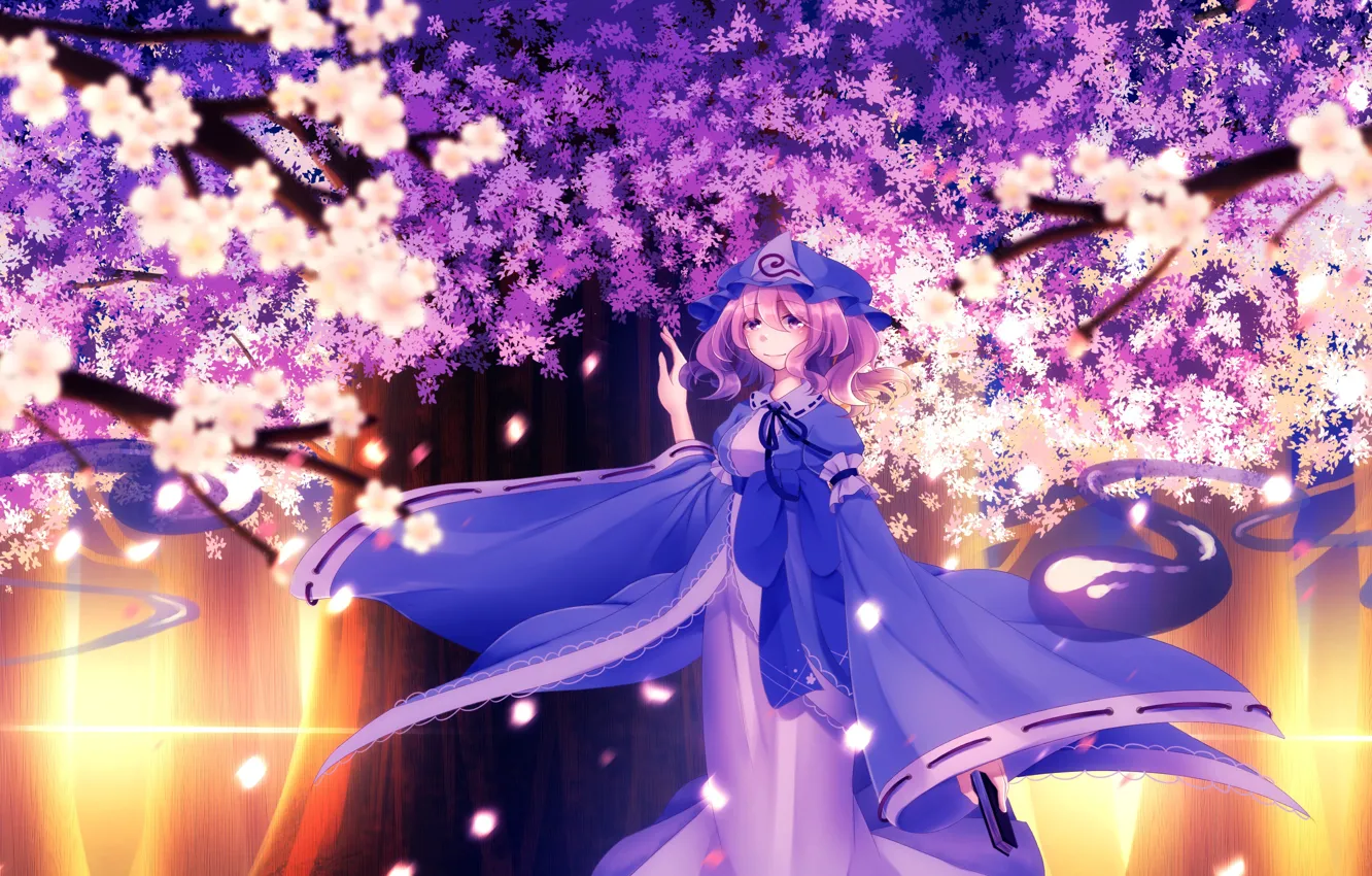 Photo wallpaper girl, flowers, night, lights, garden, touhou, Touhou, Touhou
