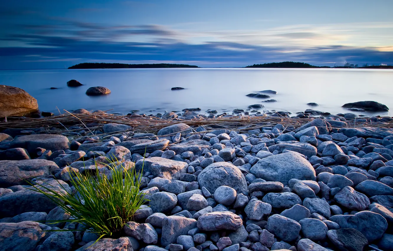 Photo wallpaper the sky, clouds, lake, stones, shore, the evening