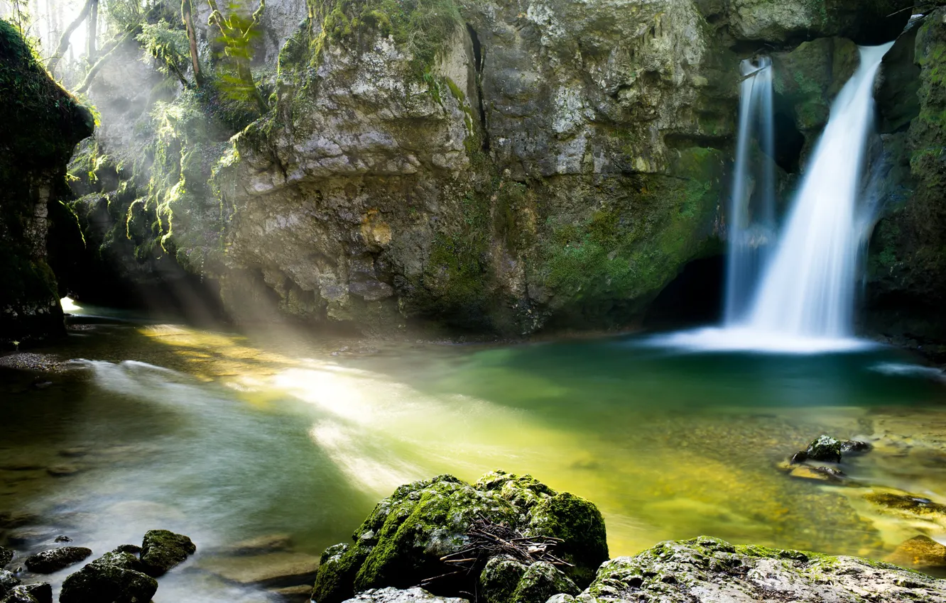 Photo wallpaper water, light, rocks, waterfall, solar