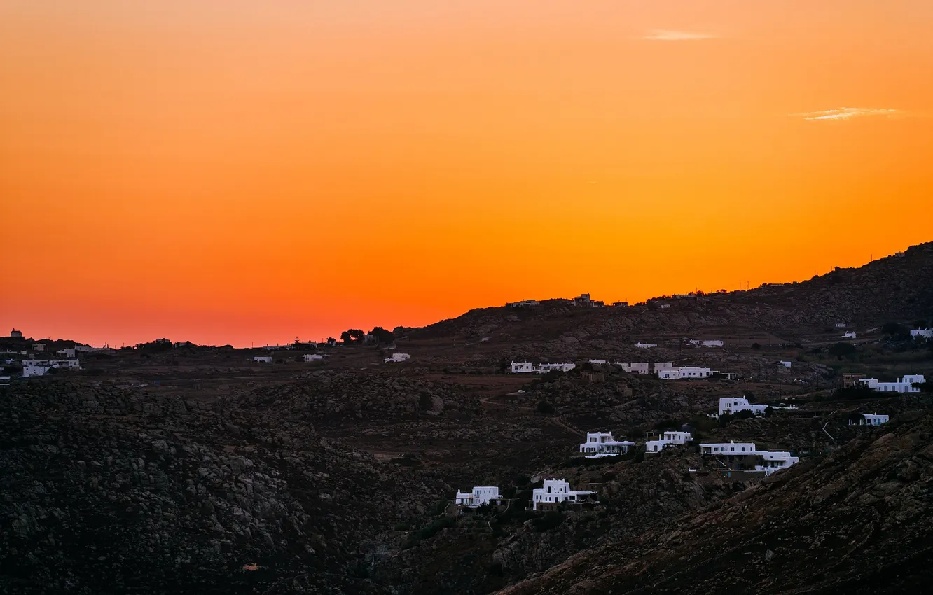Photo wallpaper the sky, mountains, island, home, the evening, Greece, Mykonos
