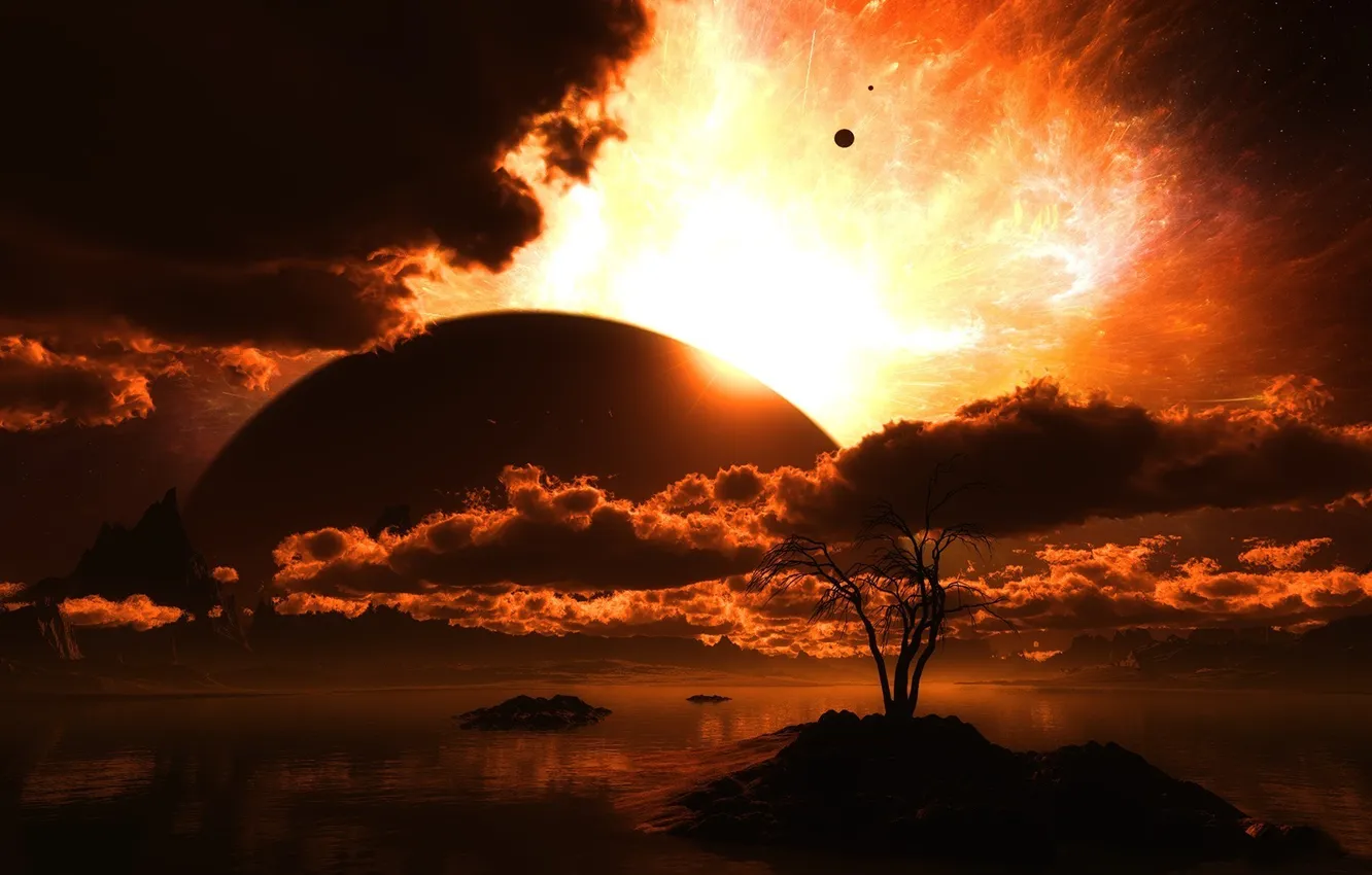 Photo wallpaper the sky, water, stars, clouds, trees, sunset, planet, horizon