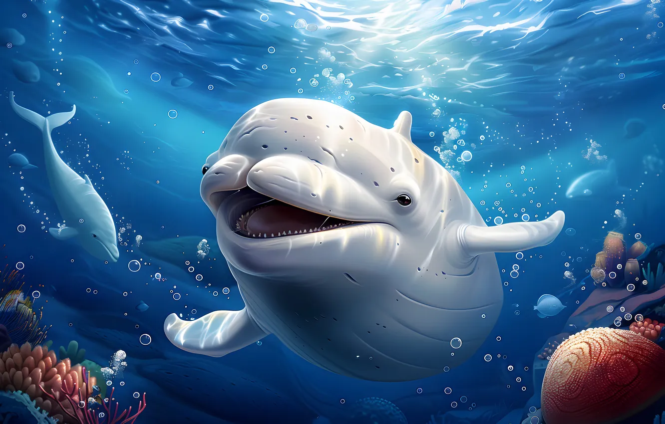 Photo wallpaper dolphins, underwater world, Belukha, digital art, AI art, The Art of Artificial Intelligence, neural network