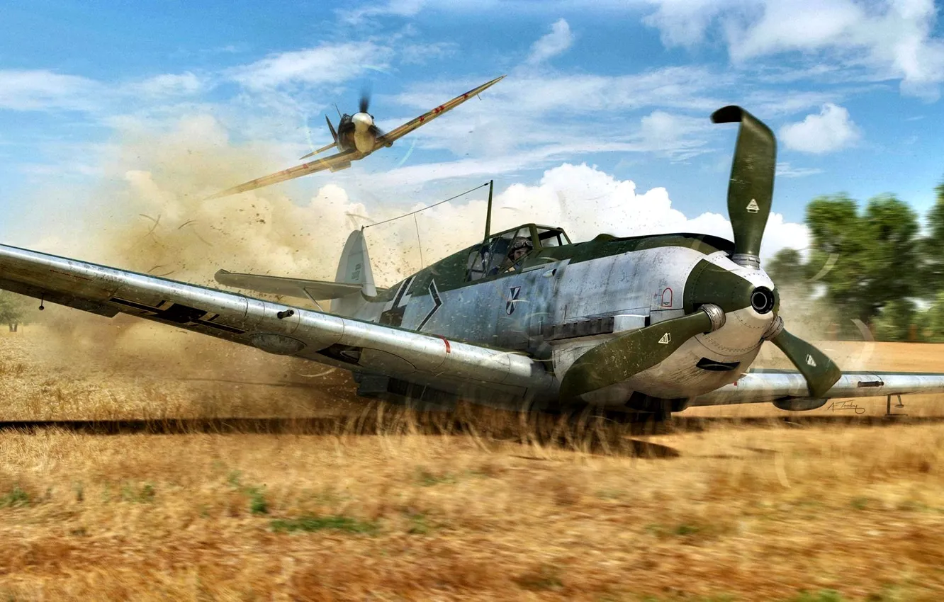 Photo wallpaper Spitfire, Bf.109E-4, Stab II./JG3, A forced landing, Franz fon Werra