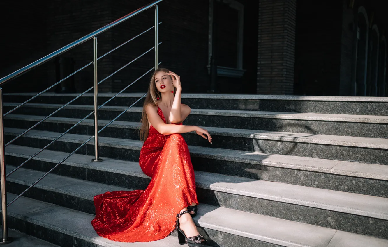 Photo wallpaper girl, pose, model, hands, ladder, stage, red dress, long hair