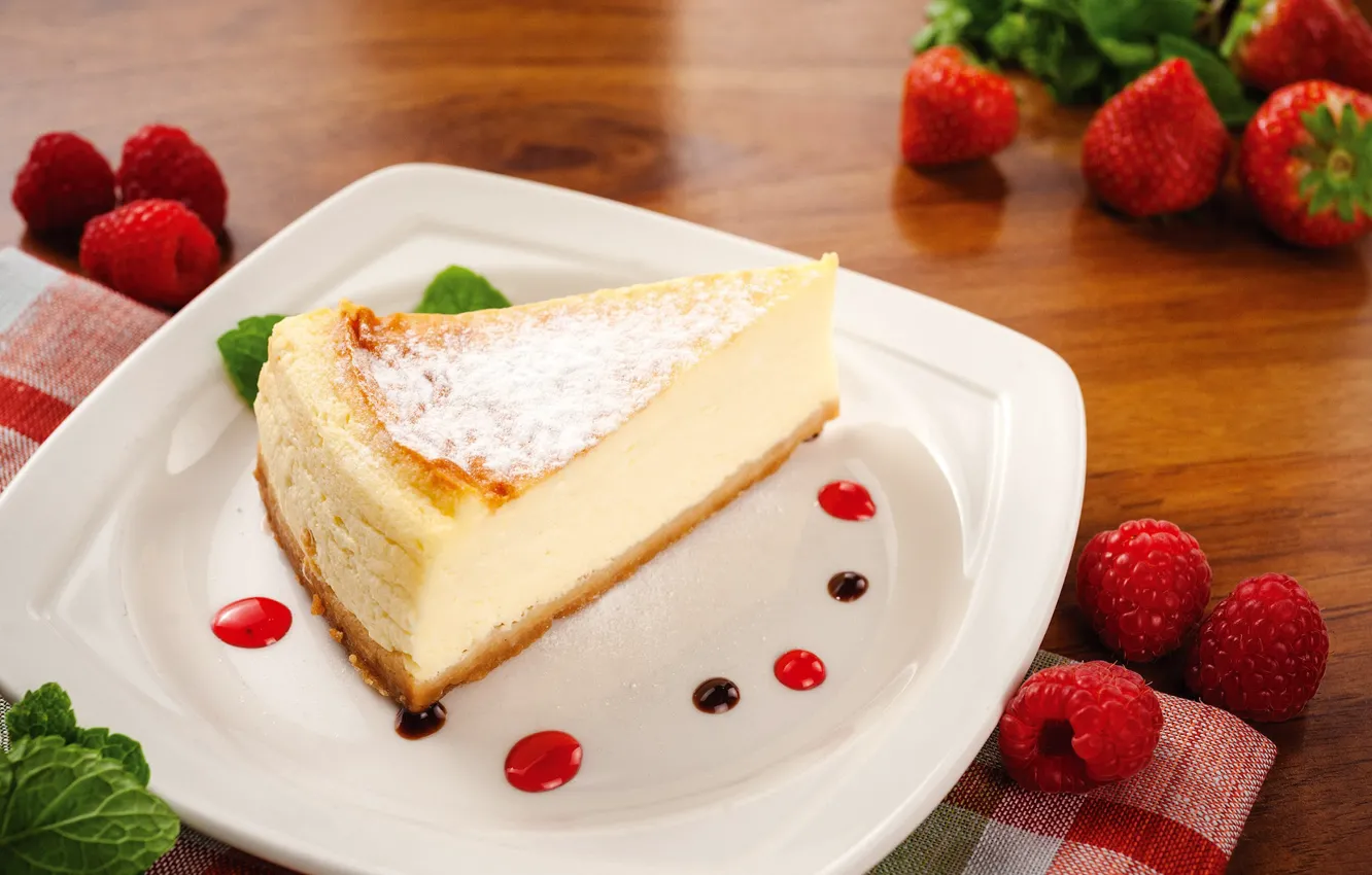 Photo wallpaper raspberry, strawberry, dessert, cheese, cheesecake