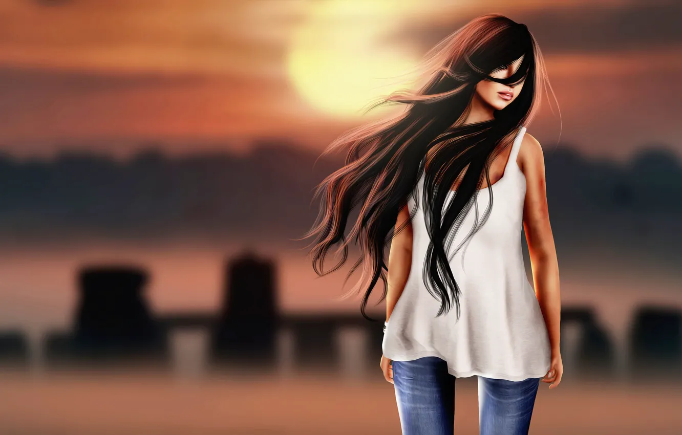 Photo wallpaper girl, face, rendering, background, the wind, hair, brunette, lips