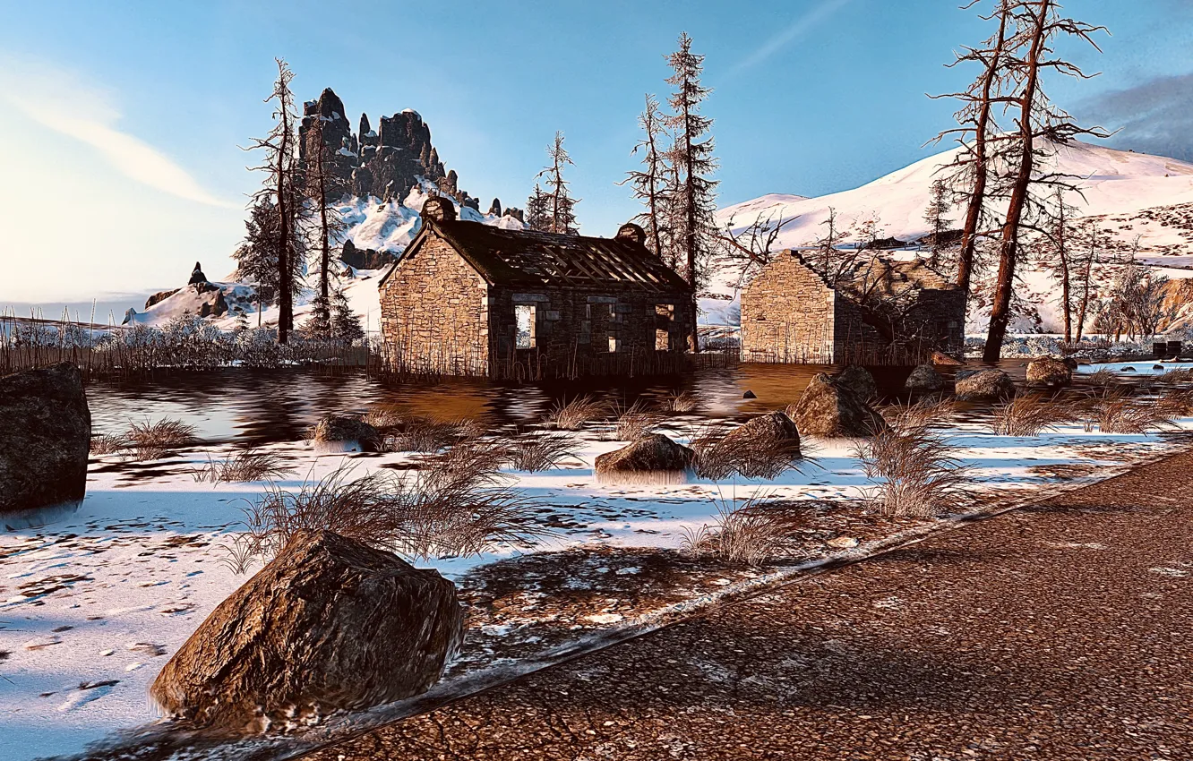 Photo wallpaper HDR, sunshine, game, trees, sea, stone, mountain, snow