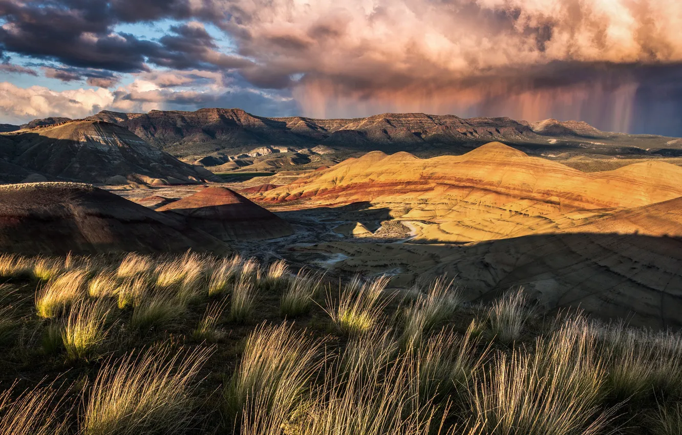 Photo wallpaper the sky, grass, clouds, light, mountains, clouds, strip, rain