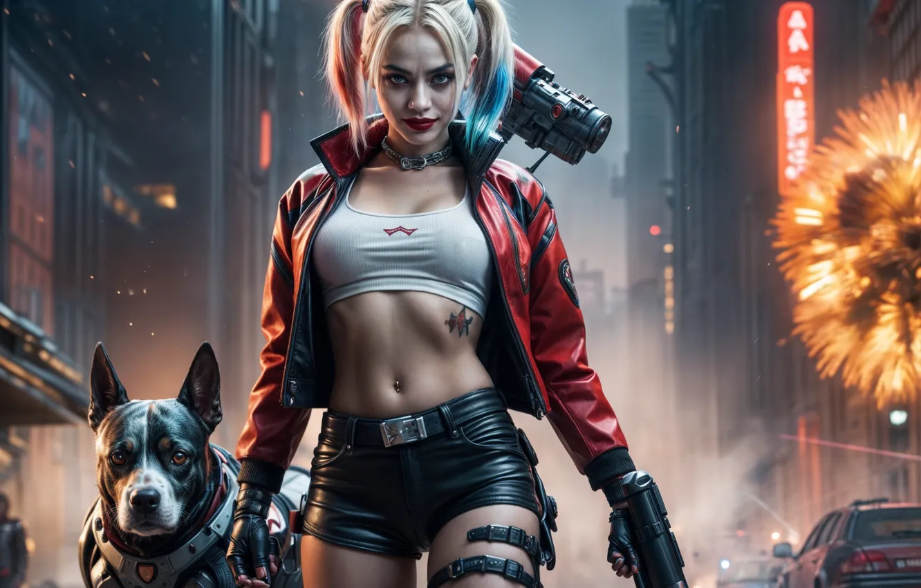 Photo wallpaper girl, street, dog, cyborg, Harley Quinn, the image is generated by AI