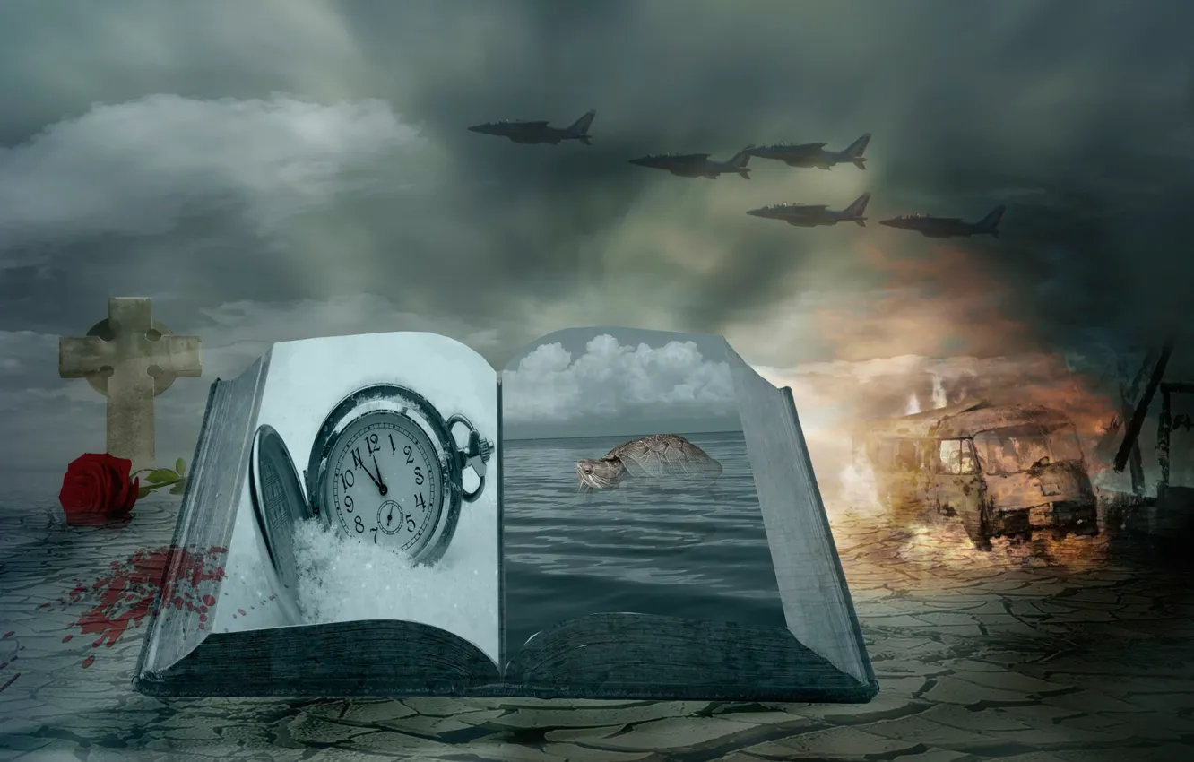 Photo wallpaper watch, roses, cross, book, the plane