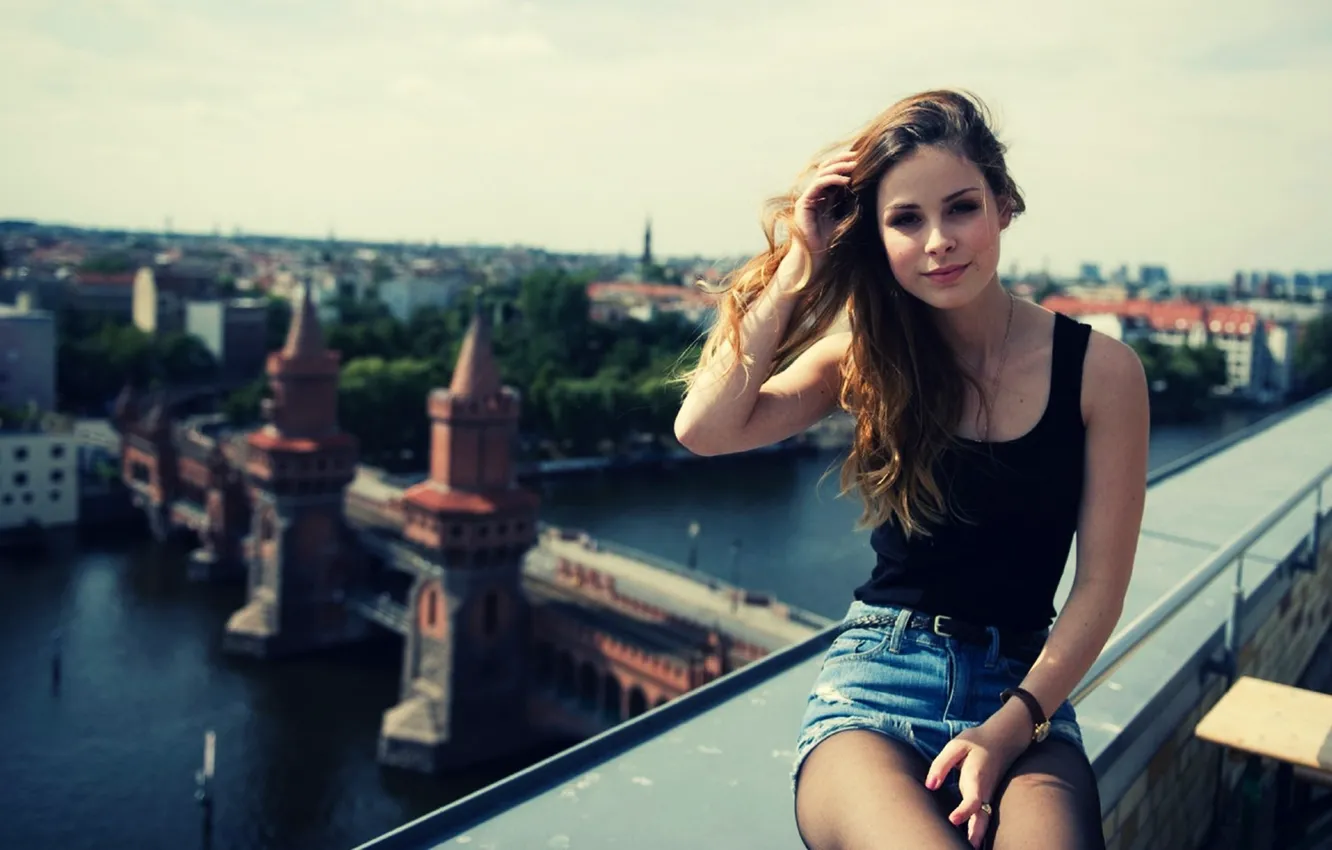 Photo wallpaper German, women, singer, brunette, sitting, Lena Meyer-Landrut, women outdoors