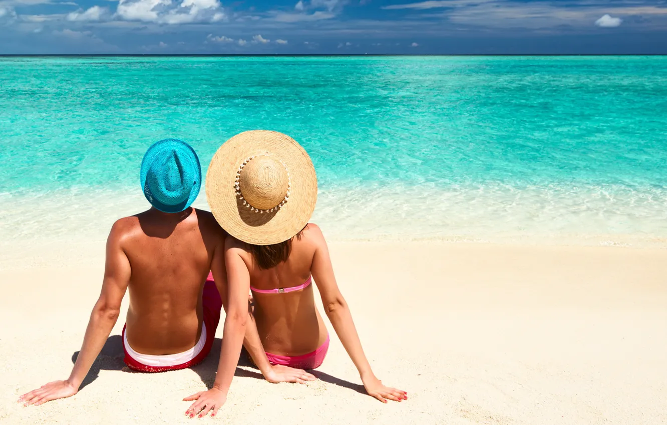 Photo wallpaper beach, summer, girl, the ocean, stay, vacation, hat, pair