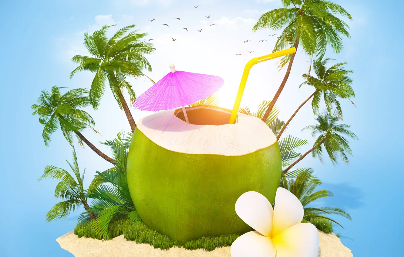 Photo wallpaper sea, the sky, grass, the sun, clouds, flowers, tropics, palm trees