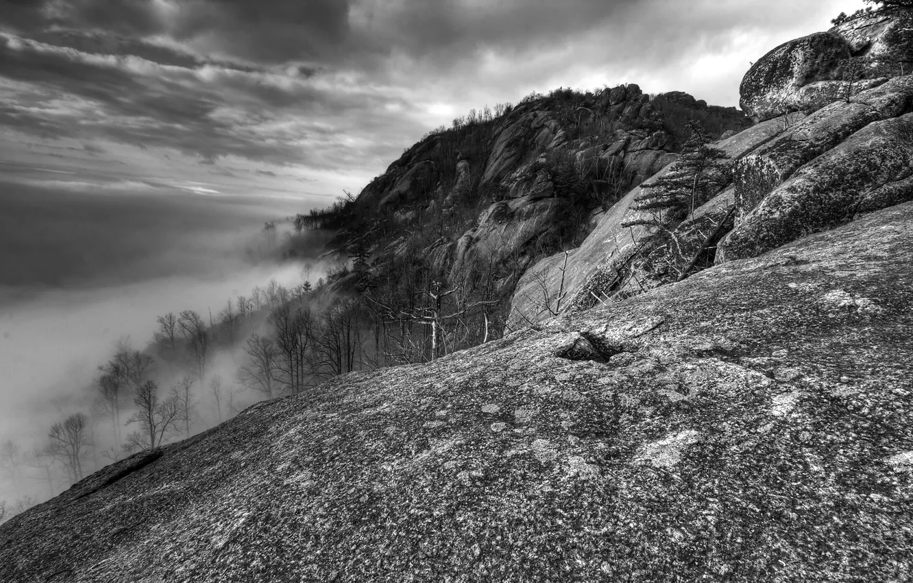 Photo wallpaper black and white, Clouds, Mountains, Fog, VA, Old Rag