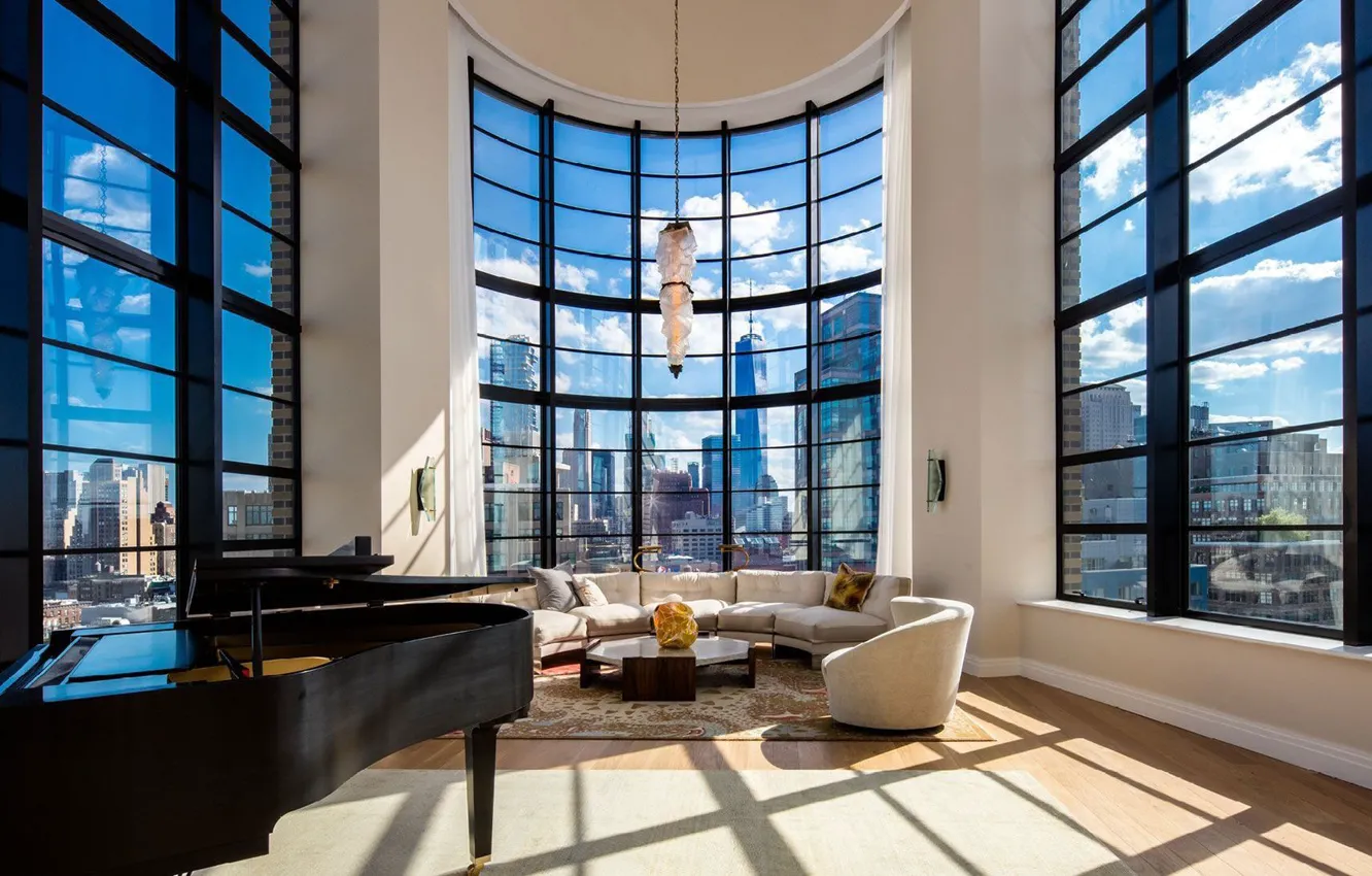 Photo wallpaper NYC, penthouse, living room, curved windows, downtown in Soho