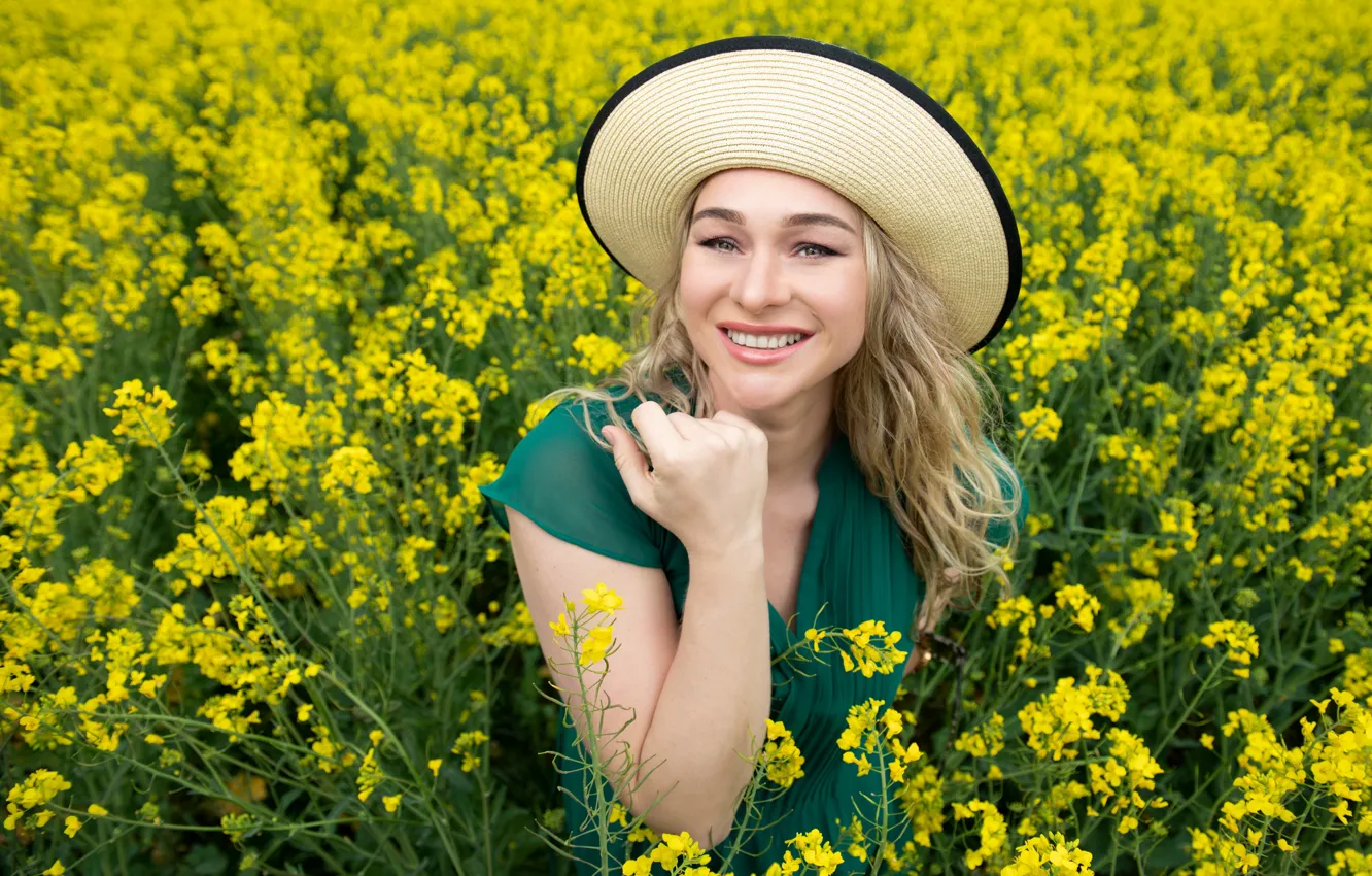 Photo wallpaper field, girl, hat, rape