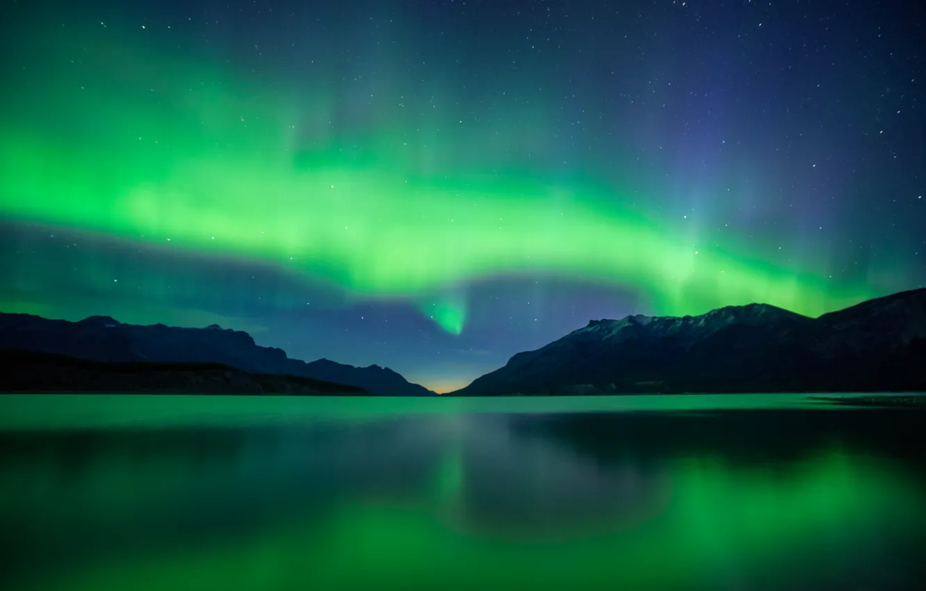 Photo wallpaper the sky, stars, mountains, lake, reflection, Northern lights, mirror