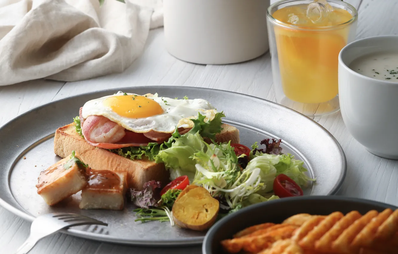 Photo wallpaper egg, Breakfast, juice, vegetables, salad