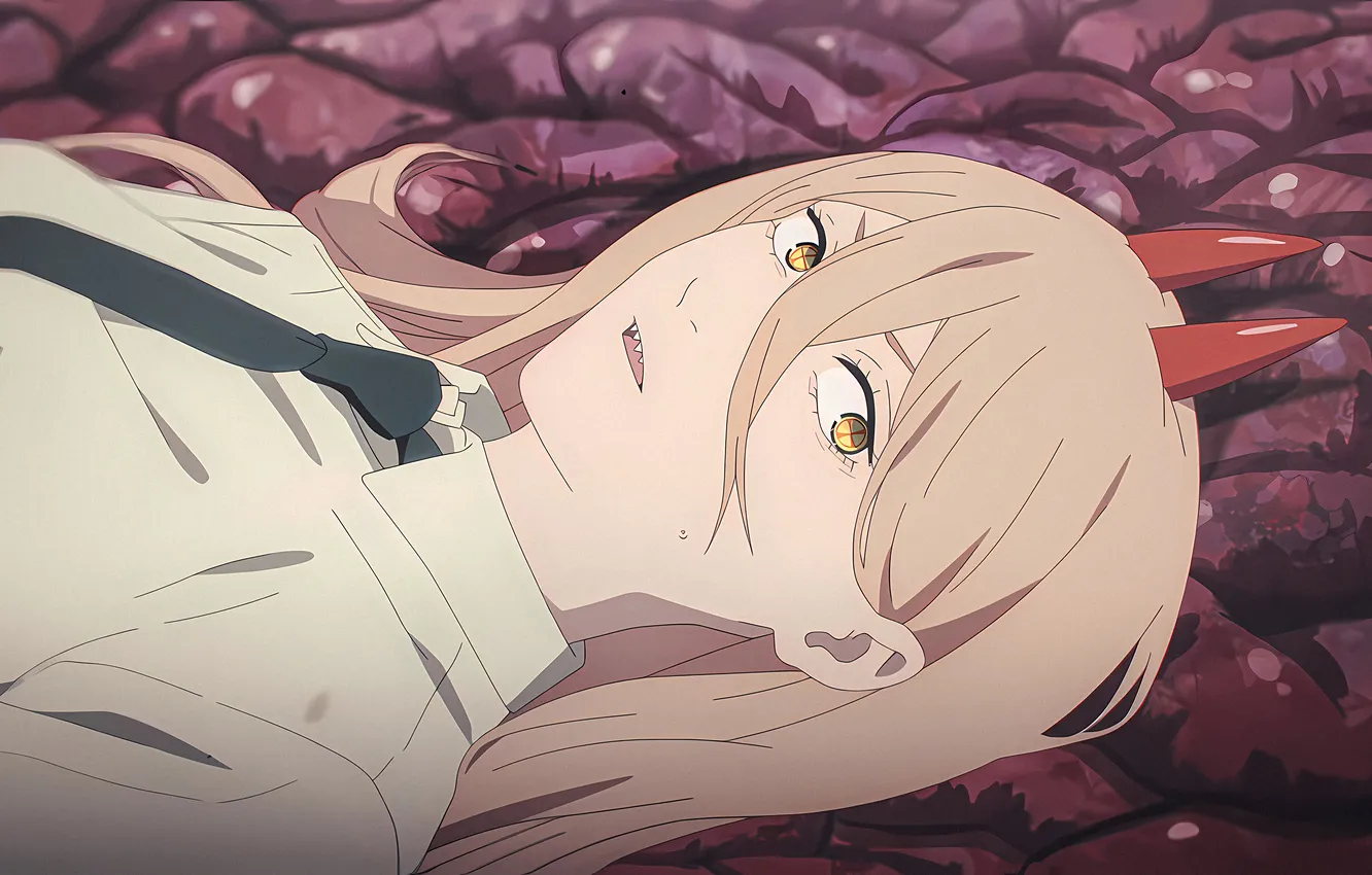 Photo wallpaper girl, anime, tie, lies, shirt, horn, high quality, blonde hair