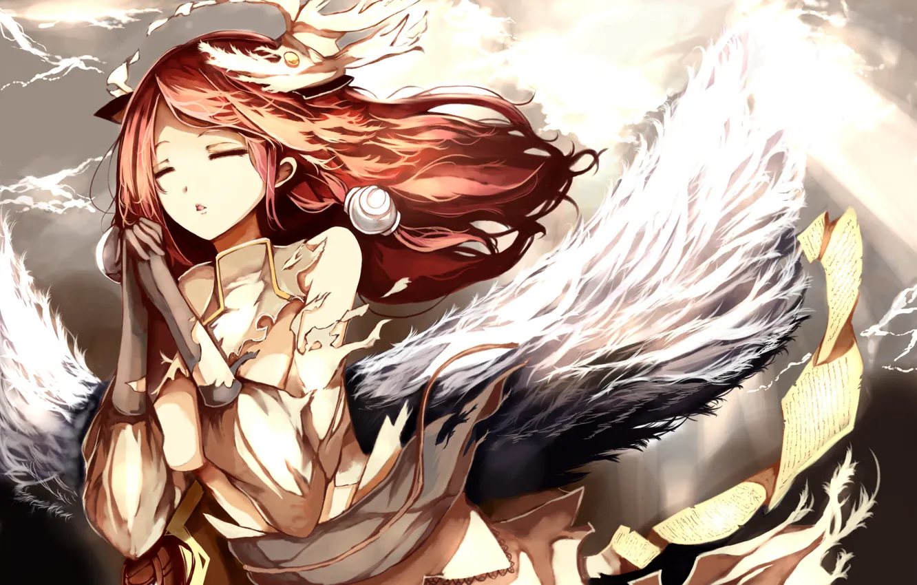 Photo wallpaper girl, wings, anime, art, leaves, blazblue, tsubaki yayoi, venomrobo