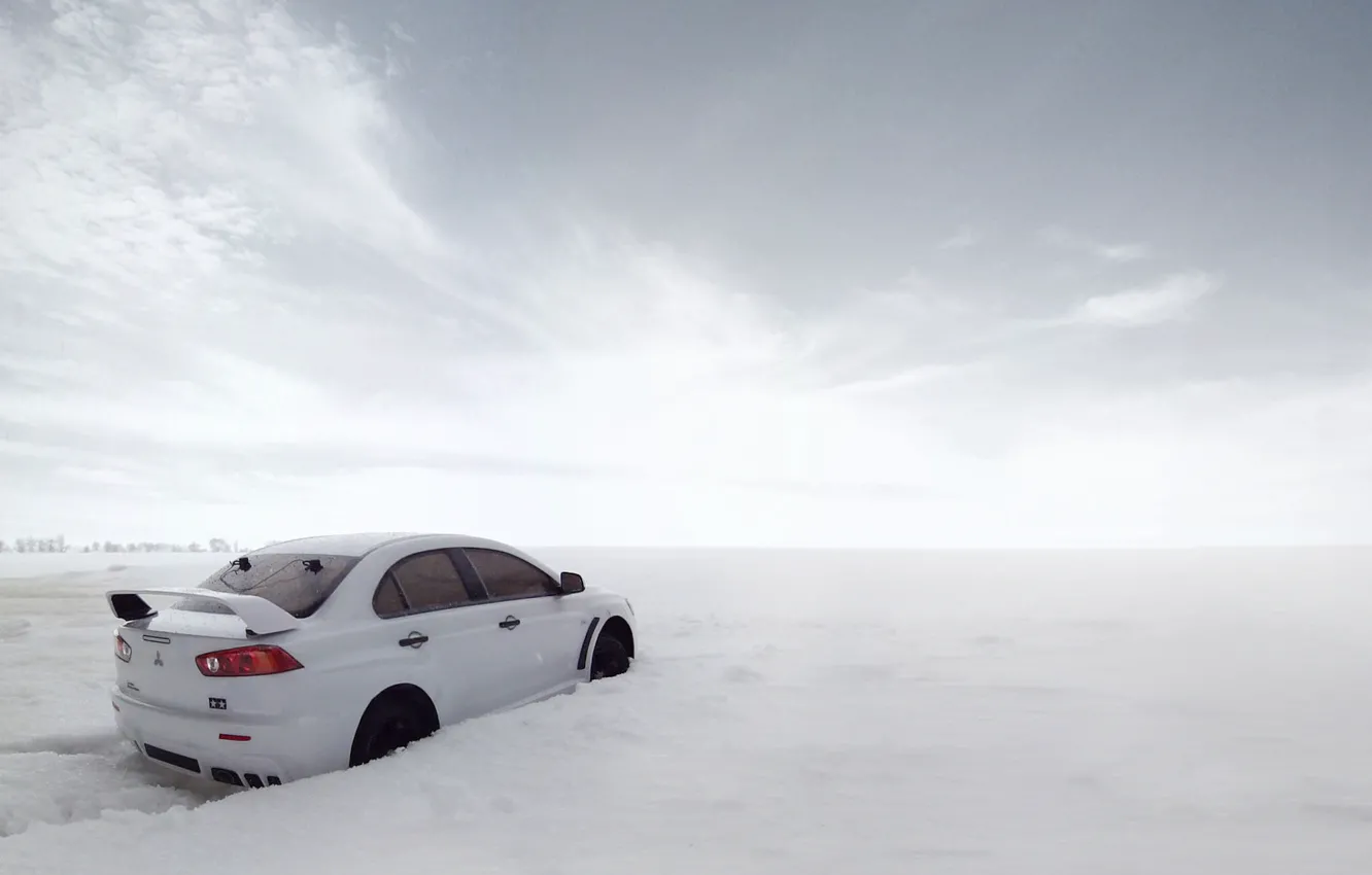 Photo wallpaper snow, the snow, cars, auto, evolution, mitsubishi lancer