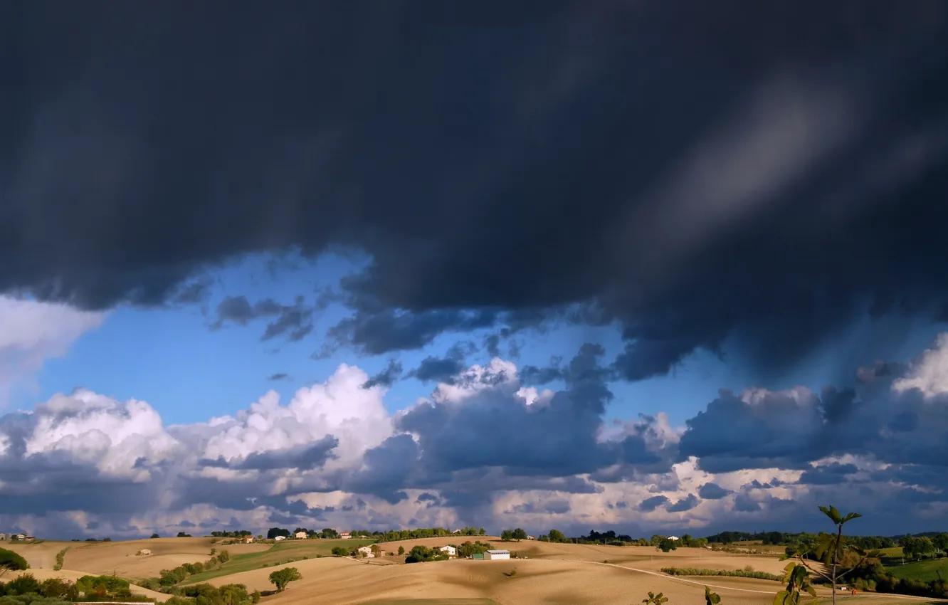 Photo wallpaper field, clouds, home