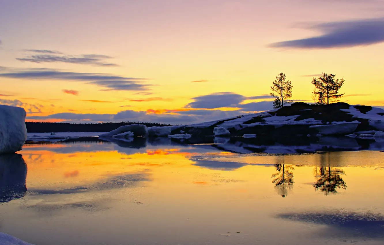 Photo wallpaper winter, the sky, sunset, river