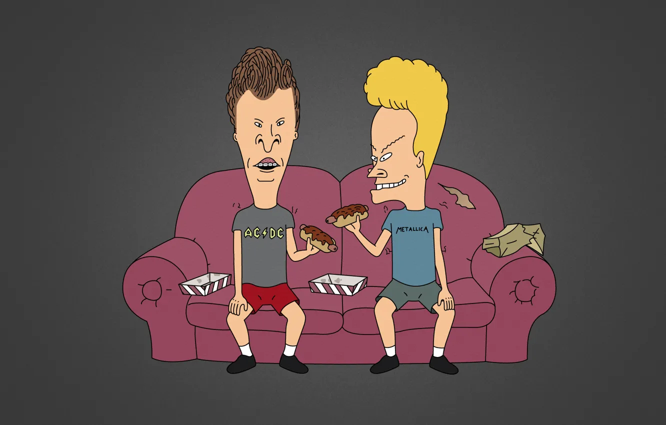 Photo wallpaper sofa, sitting, Beavis and Butt-head, Beavis and Butthead, dark grey background, hot dog, homyachat