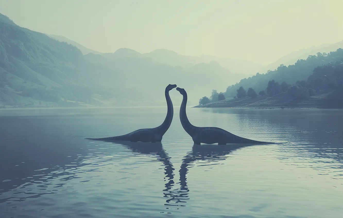 Photo wallpaper mountains, reflection, river, animal, dinosaur, two, digital art, Ancient animals