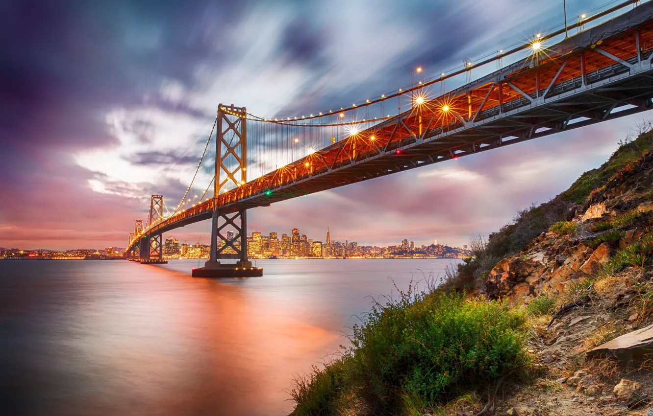 Photo wallpaper the sky, clouds, bridge, the city, lights, Strait, stones, dawn