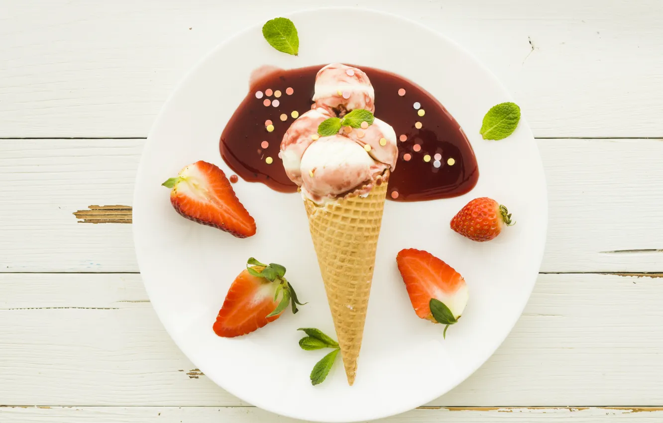 Photo wallpaper strawberry, ice cream, sweet, syrup, dessert, ice cream, waffle cone