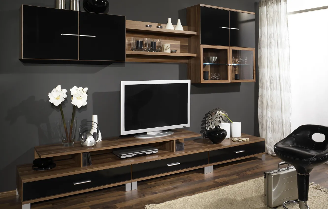 Photo wallpaper design, room, tree, furniture, interior, TV, wardrobe, brown