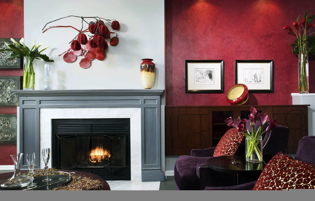 Photo wallpaper flowers, design, photo, room, Wallpaper, interior, fireplace, bright