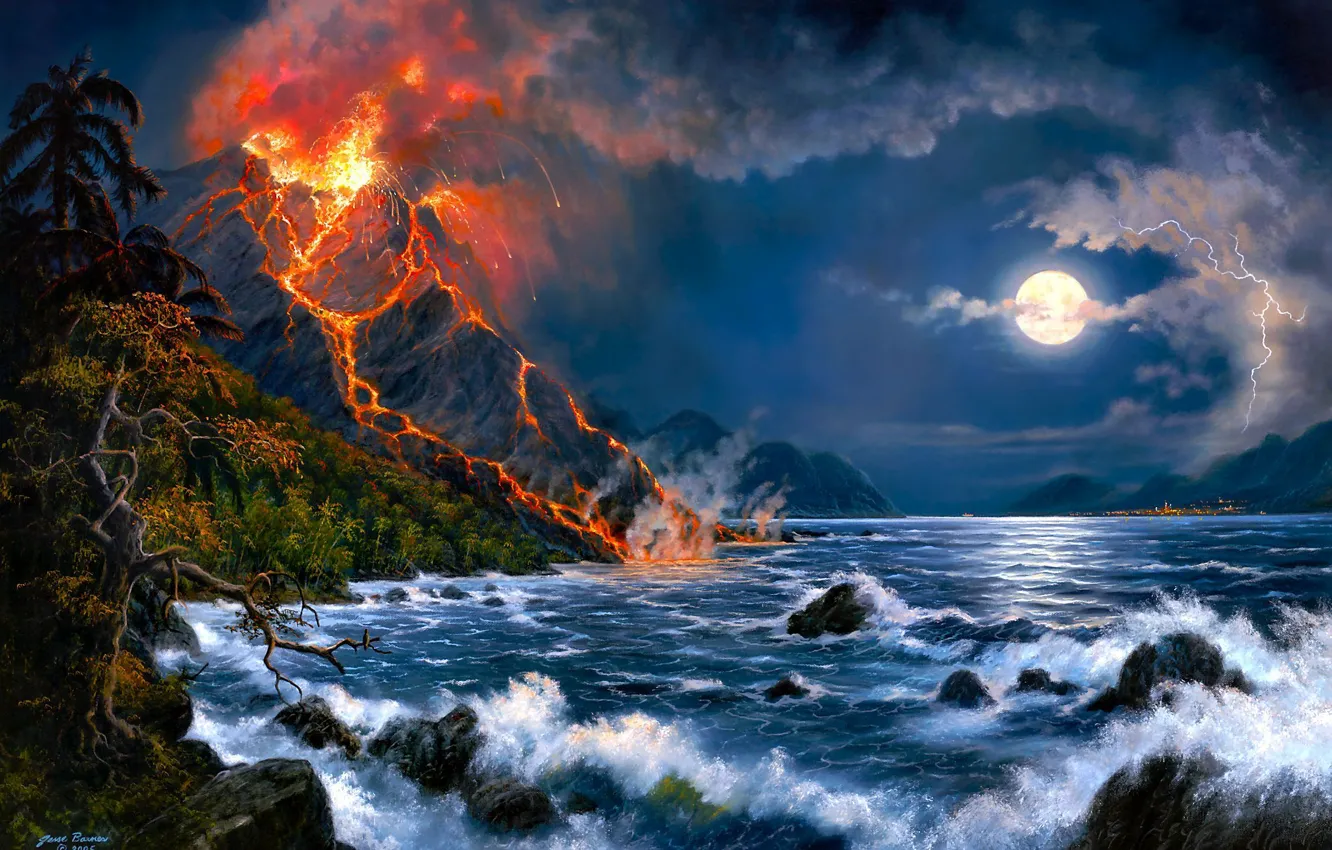 Photo wallpaper sea, landscape, the volcano, art, Jesse Barnes, the eruption of the volcano