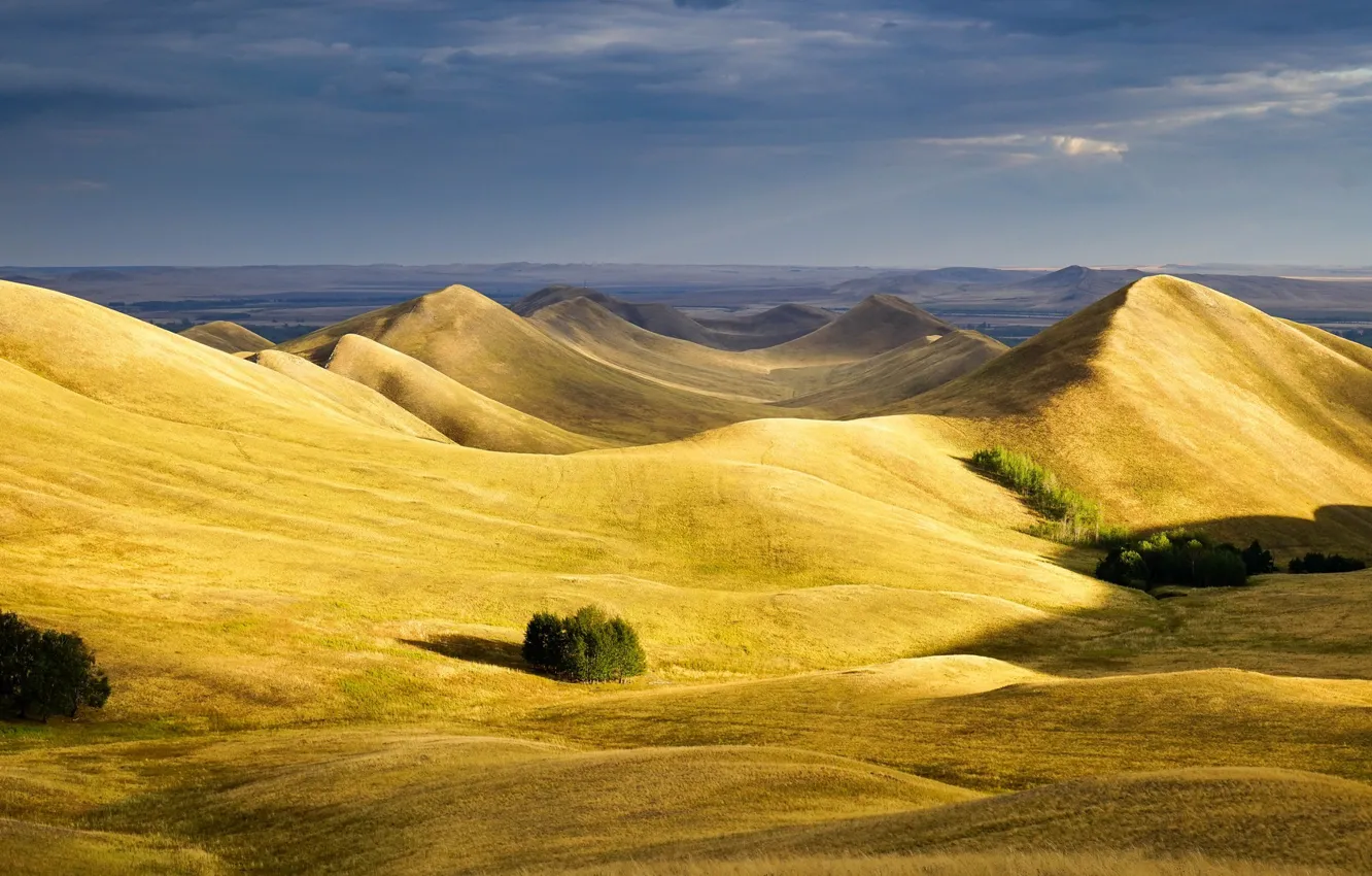 Photo wallpaper clouds, light, trees, mountains, hills, dal, yellow, horizon