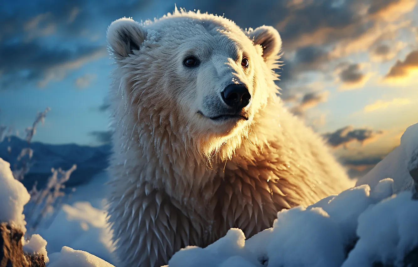 Photo wallpaper Winter, Look, Snow, Bear, Bear, Cub, Face, Predator