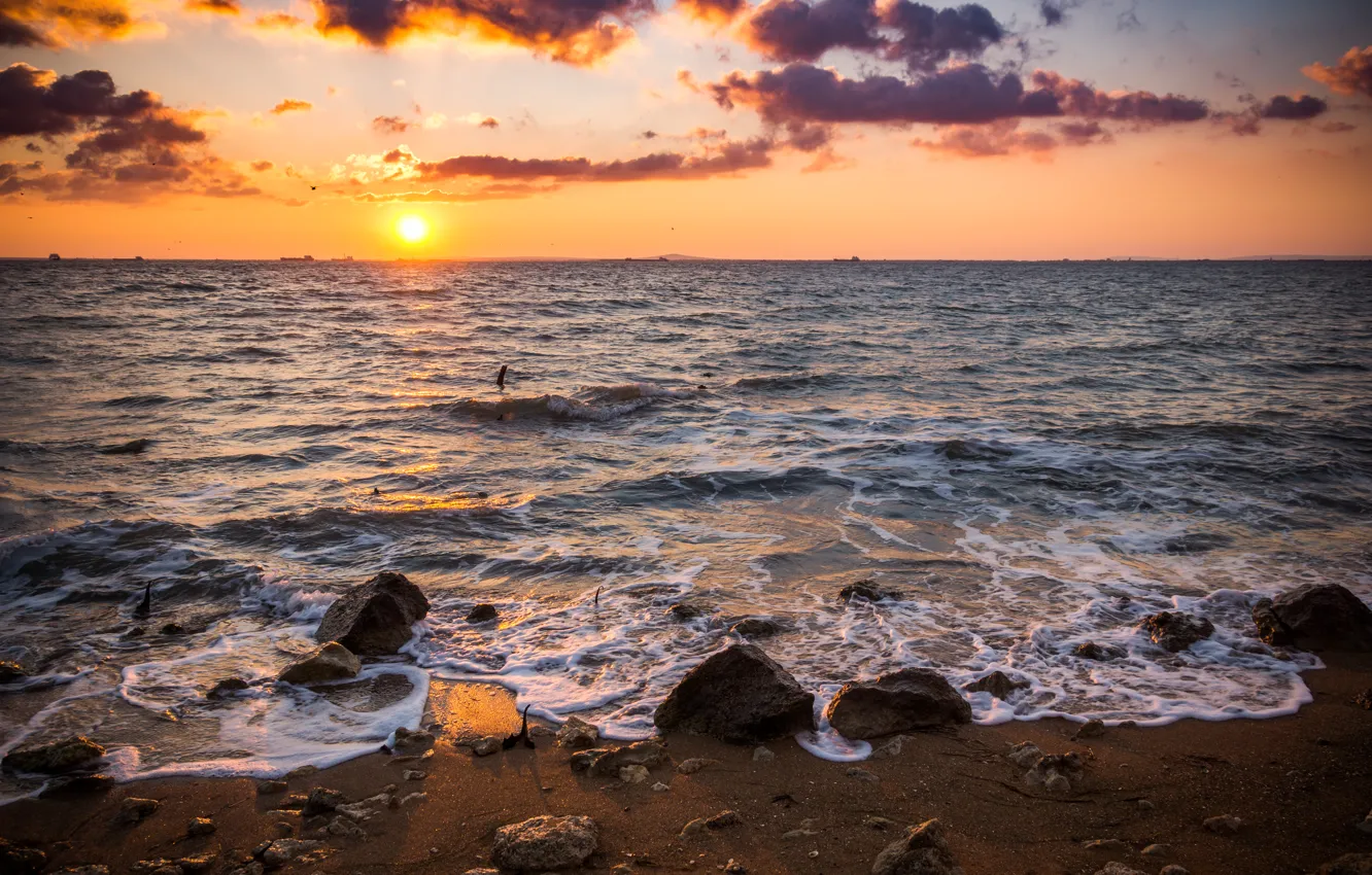 Photo wallpaper sea, the sun, stones, dawn