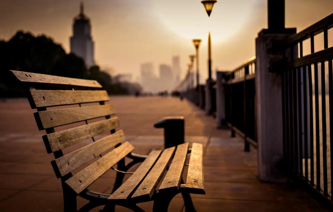Photo wallpaper sea, light, bench, the city, Park, background, mood, stay