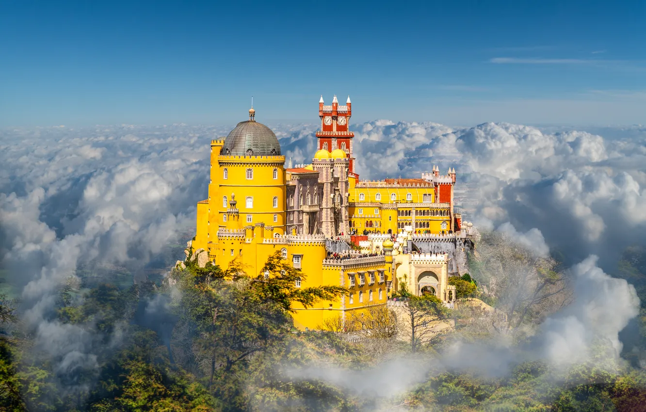 Photo wallpaper sky, mountains, clouds, castle, Portugal, palace, Lisbon, National Palace of Pena