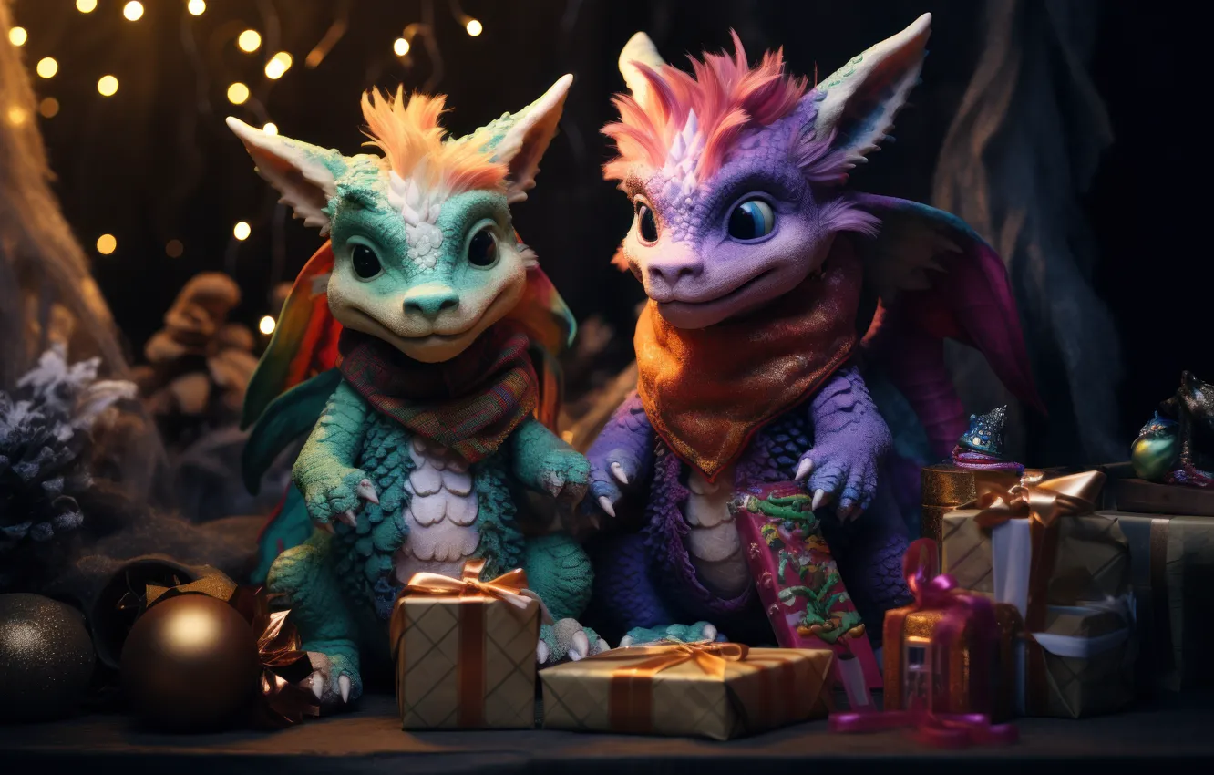 Photo wallpaper purple, balls, light, lights, green, the dark background, gift, dragon